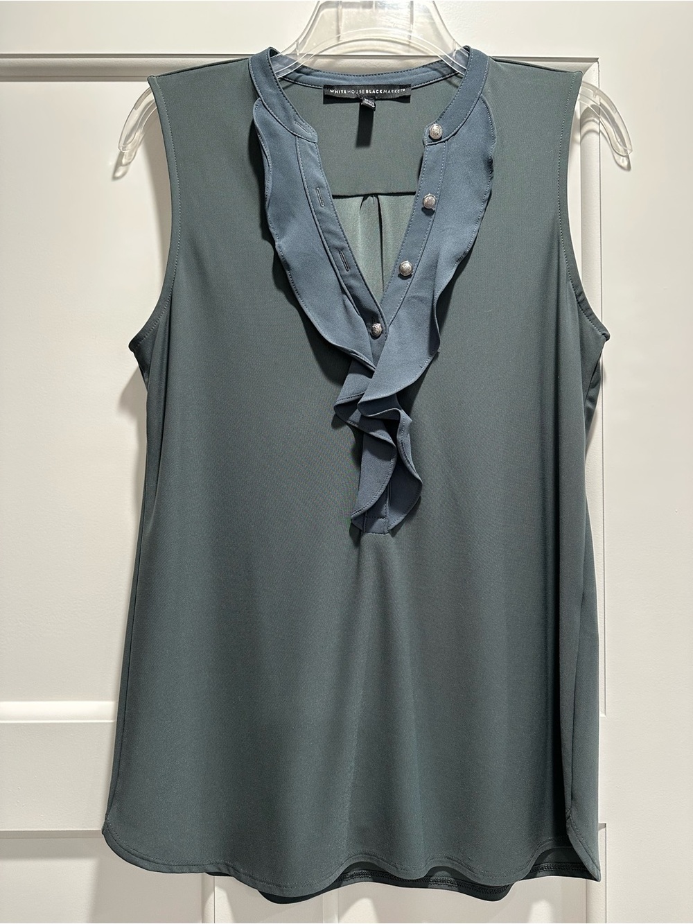 White House Black Market Slate/Olive  Green Ruffle V-Neck Sleeveless Top